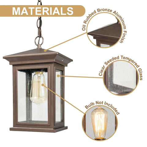 Outdoor Hanging Lantern Pendant Light With Clear Seeded Glass In Oil Rubbed Bronze Finish, Materials Highlight