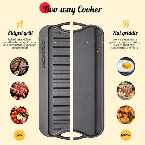 Reversible Cast Iron Grill Pan For Stovetop, 17 By 9.8 Inch Dual Sided Griddle with ribbed and smooth surfaces visual guide