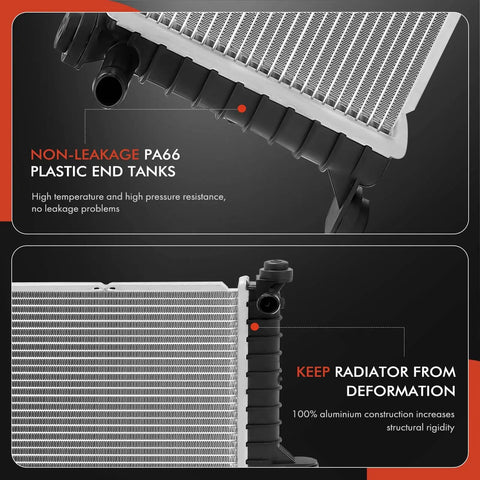 Replacement Center Cooler Radiator Assembly For Tesla Model S 2016 To 2022 showing non-leakage PA66 plastic end tanks and aluminum construction.