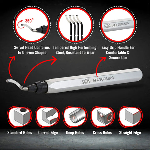 Top Shelf Deburbing Tool Kit Comes With 21 Tough M2 And M35 Cobalt Steel Blades And Heavy Duty CNC Aluminum Handle Perfect For Knocking Off Rough Bits On Steel Brass And Aluminum Projects Smooth And Easy, featuring swivel head and comfortable grip.