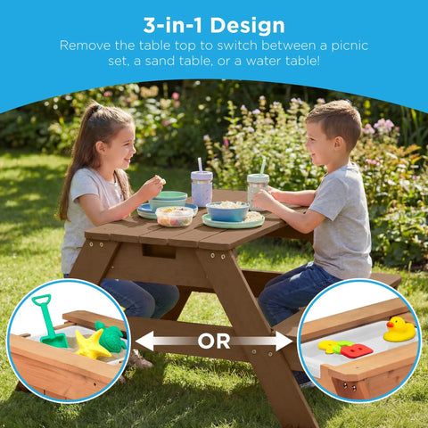 Children playing at a Kid Friendly Picnic Table With Umbrella And 3 In 1 Sand And Water Table For Toddlers in a garden setting.