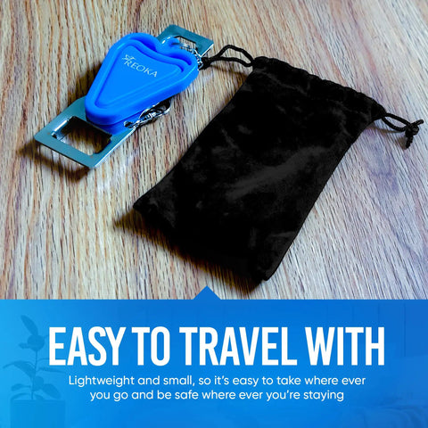 Portable Door Lock Security For Inside Use No Tool Install Ideal For Hotels Airbnbs Dorms And Travel Bedroom Privacy Lock Latch Stopper For Doors Blue Sturdy Metal Construction Keeps Room Safe And Private, shown with a black pouch on a wooden surface.