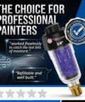 Desiccant Air Dryer System With 3/8 inch NPT fittings featuring a transparent body and blue desiccant beads for clean air in pneumatic tools.
