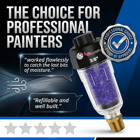 Desiccant Air Dryer System With 3/8 inch NPT fittings featuring a transparent body and blue desiccant beads for clean air in pneumatic tools.