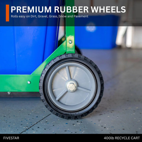 Tough As Nails Heavy Duty Recycle Bin Cart With Aluminum Frame And Stainless Steel Hardware Manages Four Hundred Pounds showing premium rubber wheel.