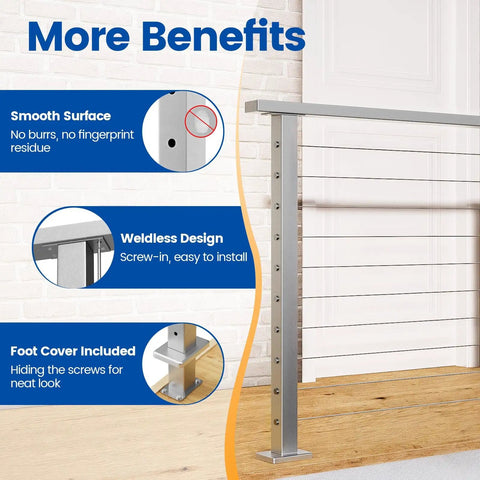 Cable Railing Post 36 Inch Square 2x2 Surface Mount Brushed T304 Stainless Steel Kit, smooth surface and weldless design detail