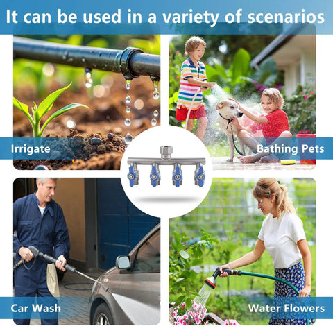 Heavy Duty 4 Way Garden Hose Splitter With Full Flow Ball Valve, 304 Stainless Steel, Lead Free, 3/4 Inch GHT Thread, Extra Long 2.1 Inch Handle, Outdoor Spigot Faucet Connector For Fast, Unrestricted Water Distribution. for irrigating, pet bathing, car wash, and watering flowers