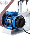 Close-up of Heavy Duty 1500 Watt Belt Grinder Shop Beast motor with two inch sanding belt and smooth variable speed control.