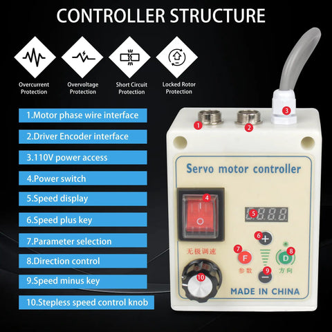 Controller with interfaces and speed display for 1100W AC Servo Motor Kit for CNC Machines 110V 1.1KW 1.5HP 3.55N.m Torque