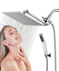 Woman enjoying shower with All Metal 10 Inch Rain Shower Head With Handheld Spray Built To Last High Pressure Dual Rainfall Shower Set