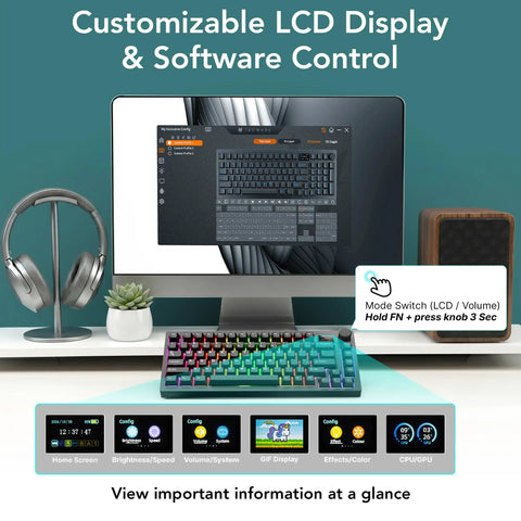 Top Tier Mechanical Gaming Keyboard With Glowing LCD Screen And Control Knob, customizable with software on a desktop setup.