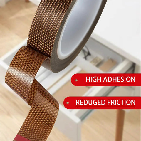 Hella Smooth Low Friction Drawer Slide Tape Two Rolls Half Inch By Thirty Three Feet No Squeak Adhesive Padding showing brown tape for cabinets.