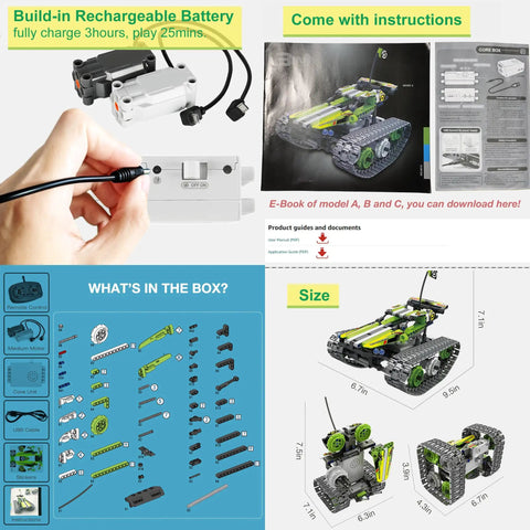 3 In 1 RC Tracked Stunt Racer Building Kit With 353 Pieces, Build Tumbling Robot And Spin Car, STEM Construction Toy For Kids Ages 8 To 12, Compatible With Orange Model, Six Total Models To Create And Play, battery and instructions