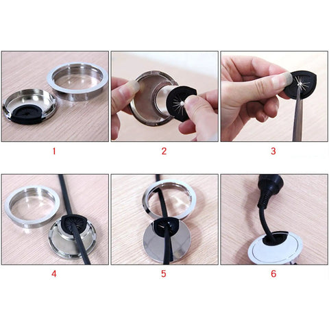 Heavy Duty Zinc Alloy Desk Grommets 3 Pack Totally Fresh Cable Management Cord Hole Covers For Home Office installation steps on wood surface.
