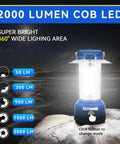 Rechargeable LED Camping Lantern With Beast 2000 Lumen Brightness on rock at night showing brightness modes