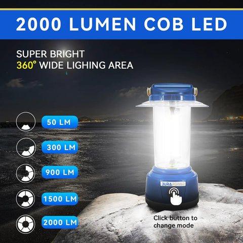 Rechargeable LED Camping Lantern With Beast 2000 Lumen Brightness on rock at night showing brightness modes
