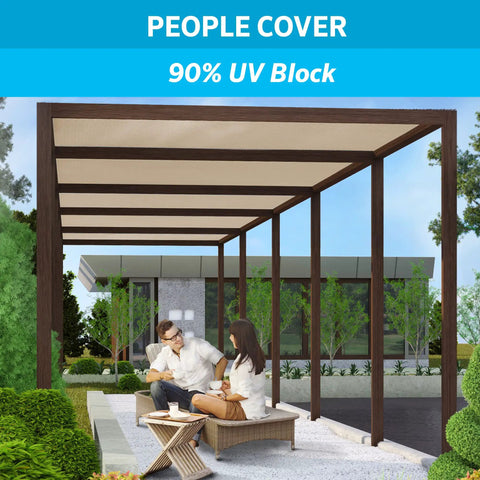 Ninety Percent UV Blocking Heavy Duty Outdoor Shade Fabric For Pergolas, Patios, Pet Areas And More, in use over pergola seating