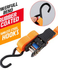 Built Tough As Nails Heavy Duty Ratchet Straps Packing 2000 Lb Break Strength with stainless steel S hooks and orange webbing.