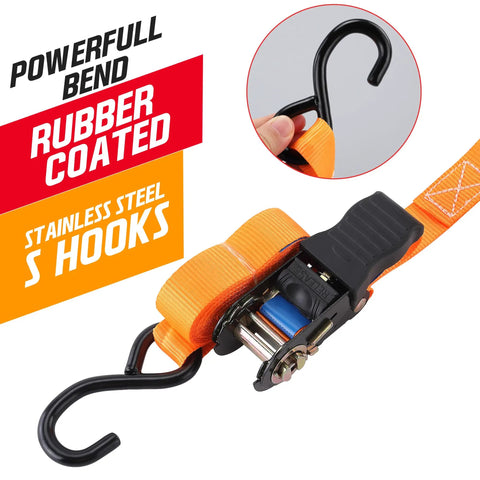 Built Tough As Nails Heavy Duty Ratchet Straps Packing 2000 Lb Break Strength with stainless steel S hooks and orange webbing.
