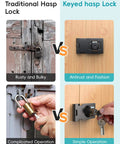 Comparison of traditional rusty hasp lock and 4 Inch Keyed Hasp Lock For Cabinets And Small Doors with black finish and twist knob design.
