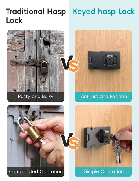 Comparison of traditional rusty hasp lock and 4 Inch Keyed Hasp Lock For Cabinets And Small Doors with black finish and twist knob design.