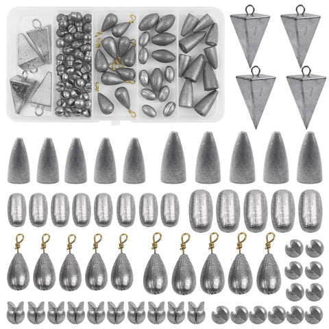 77 Piece Fishing Weights Sinkers Kit With Split Shot Bullet Pyramid Egg And Drop Shot Weights Assorted Sinker Set