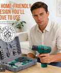Man holding 8V Cordless Drill Set With USB Rechargeable Driver, Lightweight Home Improvement Kit in green, open compact tool box visible