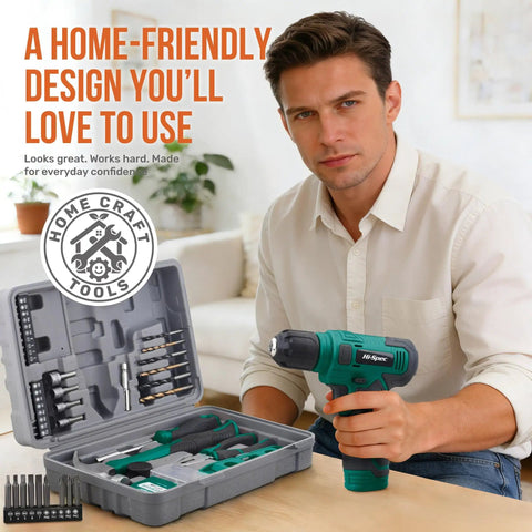Man holding 8V Cordless Drill Set With USB Rechargeable Driver, Lightweight Home Improvement Kit in green, open compact tool box visible