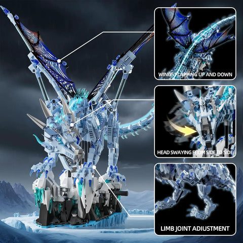 Dark Ice Dragon Building Block Set With Hand Crank Motion, showing movable wings, head, and limb adjustments in close-up view.
