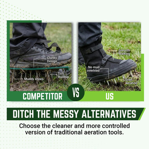 Comparison of competitor's muddy shoes vs. our Spiked Lawn Aerator Shoes Adjustable For Grass And Garden Yard Care Size 14 showing even aeration.