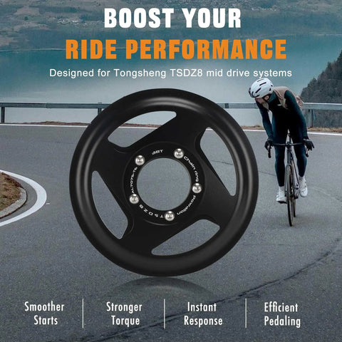 38T Offset Chainring For Tongsheng Varstrom TSDZ-8 750W Mid Drive Motor, CNC 7075-T6 Aluminum against cyclist background