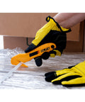 Concealed Blade Safety Knife With Protected Blade For Tape Slitting And Packaging Tasks 4mm Throat Delivers Continual Safe Blade Exposure And Easy One Hand Use For Shipping Warehousing And DIY Jobs, yellow hand grip cutting strap