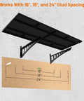 2-Pack Heavy Duty Wall Shelves 2x3ft, 500 Lb Capacity Garage Wall Mounted Shelving Racks With Complete Install Kit, Deep Flat Panels, Black hardware layout, and stud spacing guide