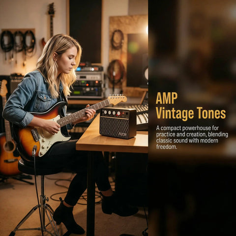 Musician using 10W Wireless Portable Guitar Amp with Type C Rechargeable Battery for studio practice, amp on table.