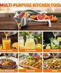 Heavy Duty Manual Lime Squeezer For Lemons Oranges & Grapefruits Large Citrus Juicer Press Tool on kitchen counter with fresh juice and fruits.