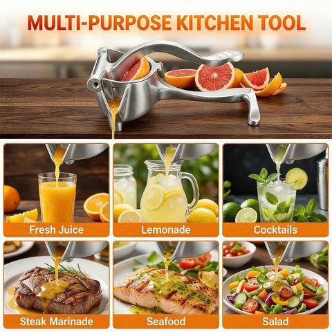 Heavy Duty Manual Lime Squeezer For Lemons Oranges & Grapefruits Large Citrus Juicer Press Tool on kitchen counter with fresh juice and fruits.