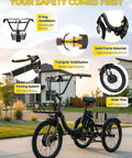 Powerful 1000W Peak Electric Trike For Adults Folding 20-Inch Three-Wheel E-Trike With Step-Through Frame Removable 624Wh Battery Large Basket Black Cruiser Pro For City Streets And Light Trails, black trike with basket