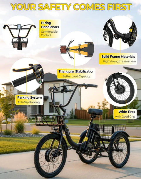 Powerful 1000W Peak Electric Trike For Adults Folding 20-Inch Three-Wheel E-Trike With Step-Through Frame Removable 624Wh Battery Large Basket Black Cruiser Pro For City Streets And Light Trails, black trike with basket