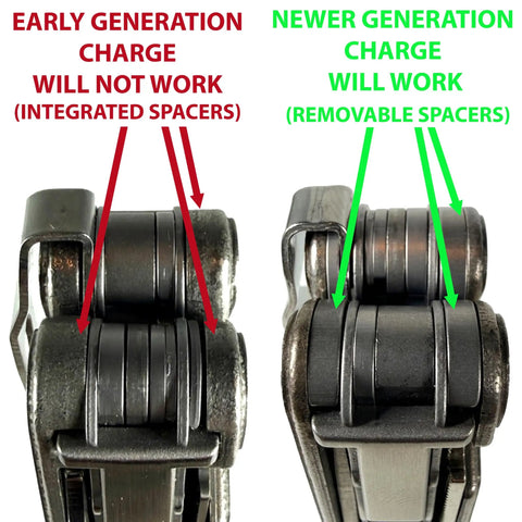 Comparison of early and newer generation multitool spacers; left shows integrated, right shows removable spacers for Brass Hammer Head Mod For Multitool With Dual Locking System Hand Finished In USA CNC Made EDC Upgrade For Camping Hiking Tactical Survival Gear Law Enforcement.