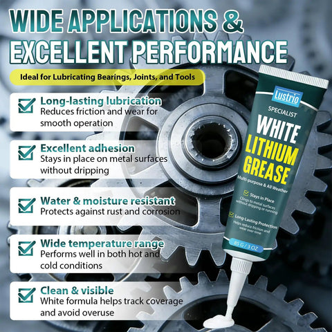 All-Purpose White Lithium Grease With Built-In Brush for door hinges, garage doors, bike chains, and tools promoting wide applications and performance.