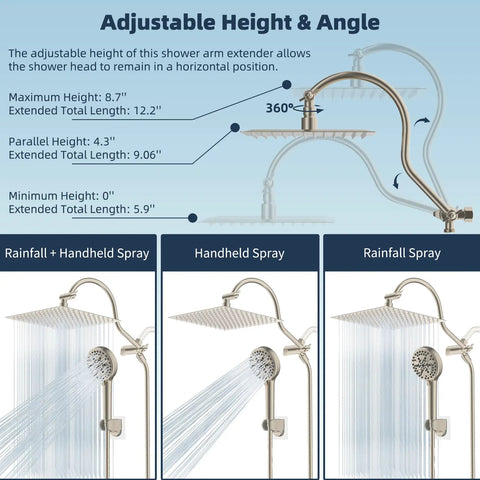 12 Inch All Metal Shower Head System With CUPC Certified High Pressure Rainfall, adjustable arm, brushed nickel finish, three spray modes