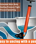 Heavy Duty High Pressure Toilet Plunger Kit With Curved Brush And Comfort Grip Gloves, All In One Drain Clog Buster For Bathroom Sink And Tub, Tough As Nails Game Changer in action, showing a bright orange plunger in a cutaway toilet, designed for effective unclogging.