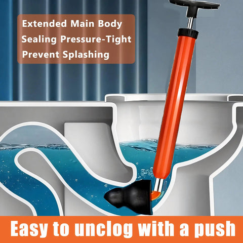 Heavy Duty High Pressure Toilet Plunger Kit With Curved Brush And Comfort Grip Gloves, All In One Drain Clog Buster For Bathroom Sink And Tub, Tough As Nails Game Changer in action, showing a bright orange plunger in a cutaway toilet, designed for effective unclogging.