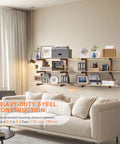 Living room with sofa and wall mounted shelves displaying heavy-duty construction, suitable for Wall Mounted Lumber Storage Rack With Six Tier System Heavy Duty Wood Organizer For Garage And Workshop 1320 Lb Capacity Built To Last Orange Metal Racks For Indoor And Outdoor Use in 4 pack configuration.