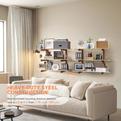 Living room with sofa and wall mounted shelves displaying heavy-duty construction, suitable for Wall Mounted Lumber Storage Rack With Six Tier System Heavy Duty Wood Organizer For Garage And Workshop 1320 Lb Capacity Built To Last Orange Metal Racks For Indoor And Outdoor Use in 4 pack configuration.