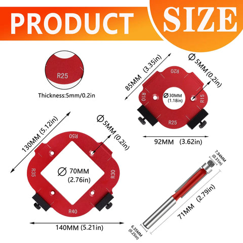 Professional Grade Aluminum Router Templates And Jigs For Woodworking, Precision Edge Guide and Corner Radius Tool Set and sizes.