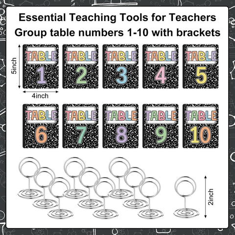 Classroom Table Numbers 1 Through 10 With Stands Group Cards For Easy Teacher Management Back To School Decor Team Labels And Signs For Classrooms Today, showing numbered cards and metal stands measuring 4x5 inches.