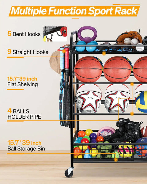 All-In-One Garage Sports Organizer With Rolling Wheels, Built Tough 4 Tier Gear Rack, Ball Storage Bin, baseball and basketball holder