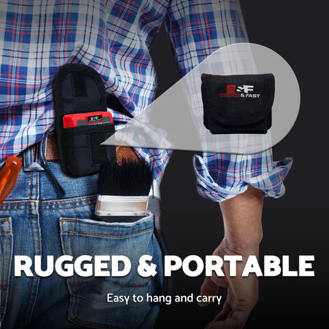 Rock Solid Heavy Duty Magnetic Digital Angle Finder Featuring A Slick Extra Large Auto Invert Lcd Display For Dang Precise Leveling And Easy Shop Job Tracking in a rugged portable holder on a worker's belt.