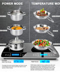 Duxtop Portable Double Induction Cooktop With 1800W Digital Electric Burner Sensor Touch Control And Lcd Display For Countertop Use showing boiling water, cooking sauce, and frying options.
